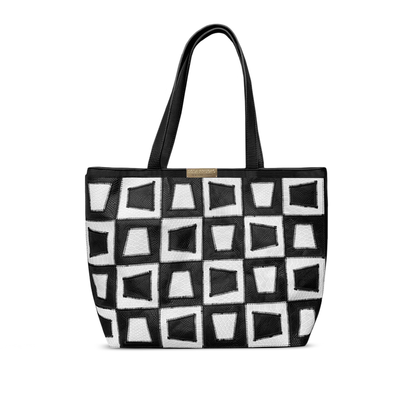 Isabella Tote in black and white patchwork design